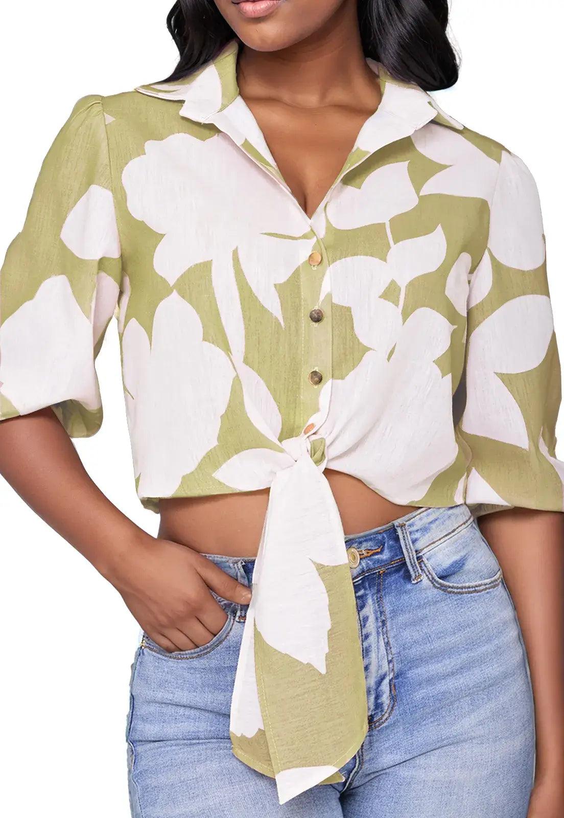 Camisa Crop Floral Manga 3/4 con botones - Giive