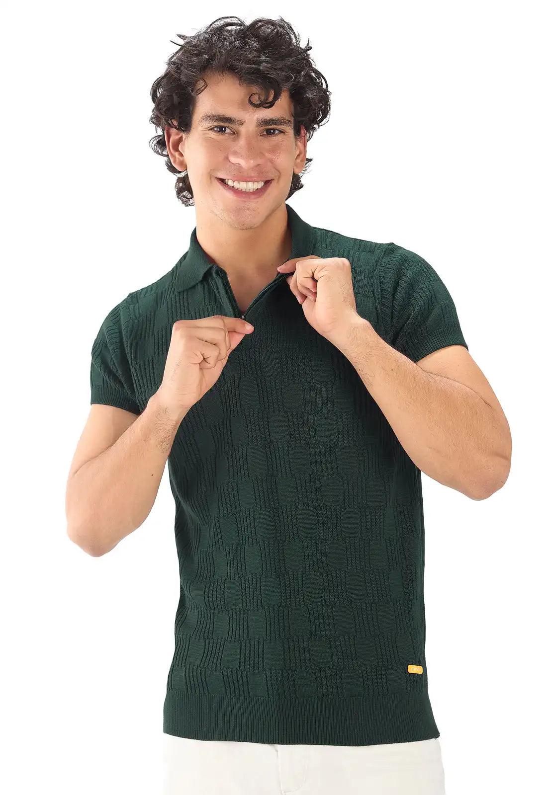 Set Camisa Polo Cuadro con Cremallera y Pantalón tipo jogger para hombre, tejido en hilo, con bolsillos laterales y cintura elástica ajustable.