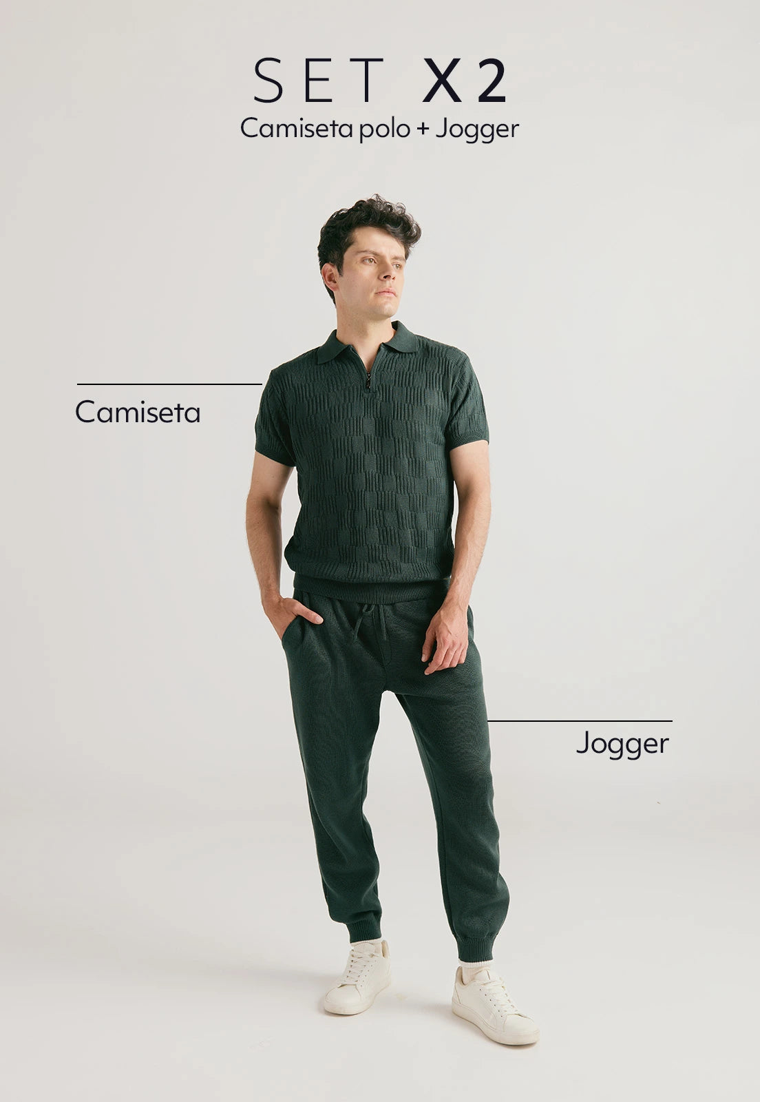 Set Camisa Polo Cuadro con Cremallera y Pantalón tipo jogger para hombre, tejido en hilo, con bolsillos laterales y cintura elástica ajustable.