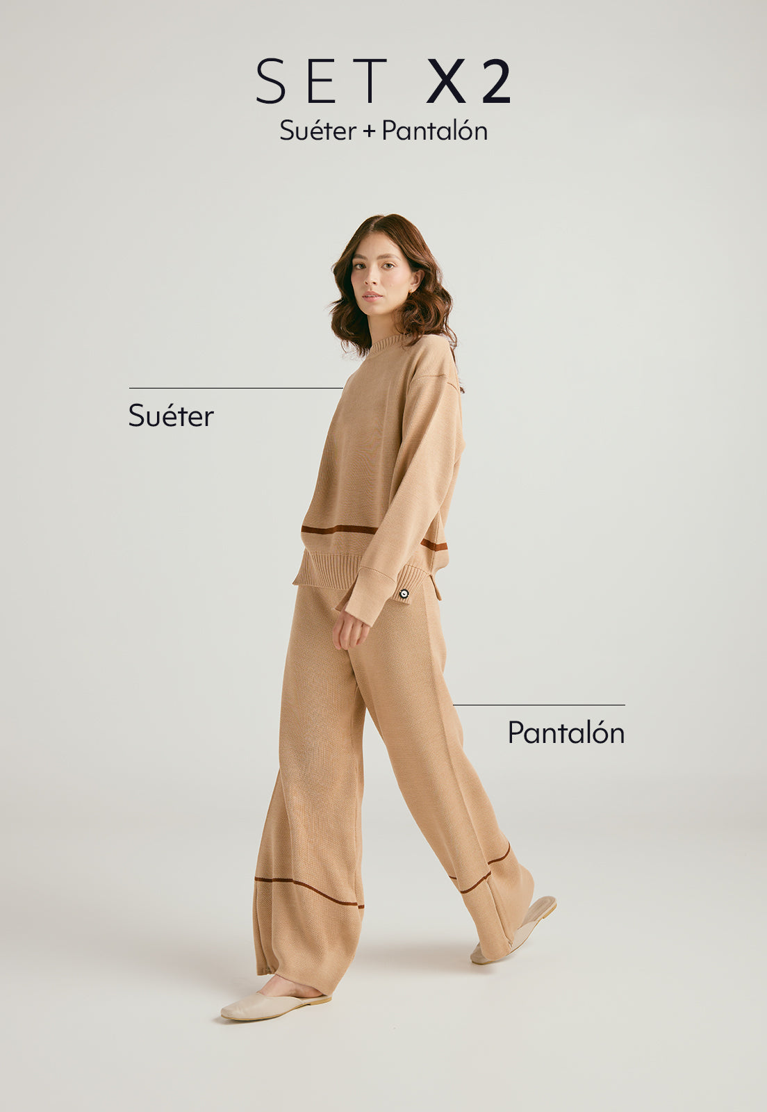 Set conjunto Suéter y Pantalón Suéter Lauren de Giive, largo con cuello redondo, corte suelto y tejido en hilo suave. y Pantalón tejido para mujer, corte tiro medio con bota campana sutil y cremallera invisible.