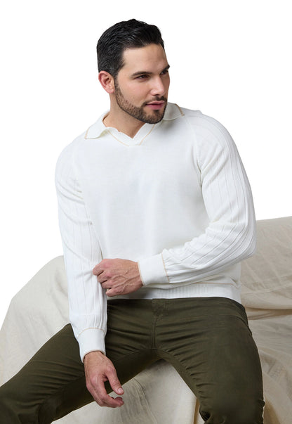 Camisa tipo polo para hombre, manga larga, estilo juvenil y clásico, color gris claro, con diseño acanalado y ribete en puños.