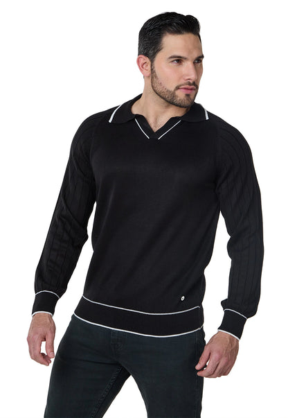 Camisa tipo polo para hombre, manga larga, estilo juvenil y clásico, color gris claro, con diseño acanalado y ribete en puños.