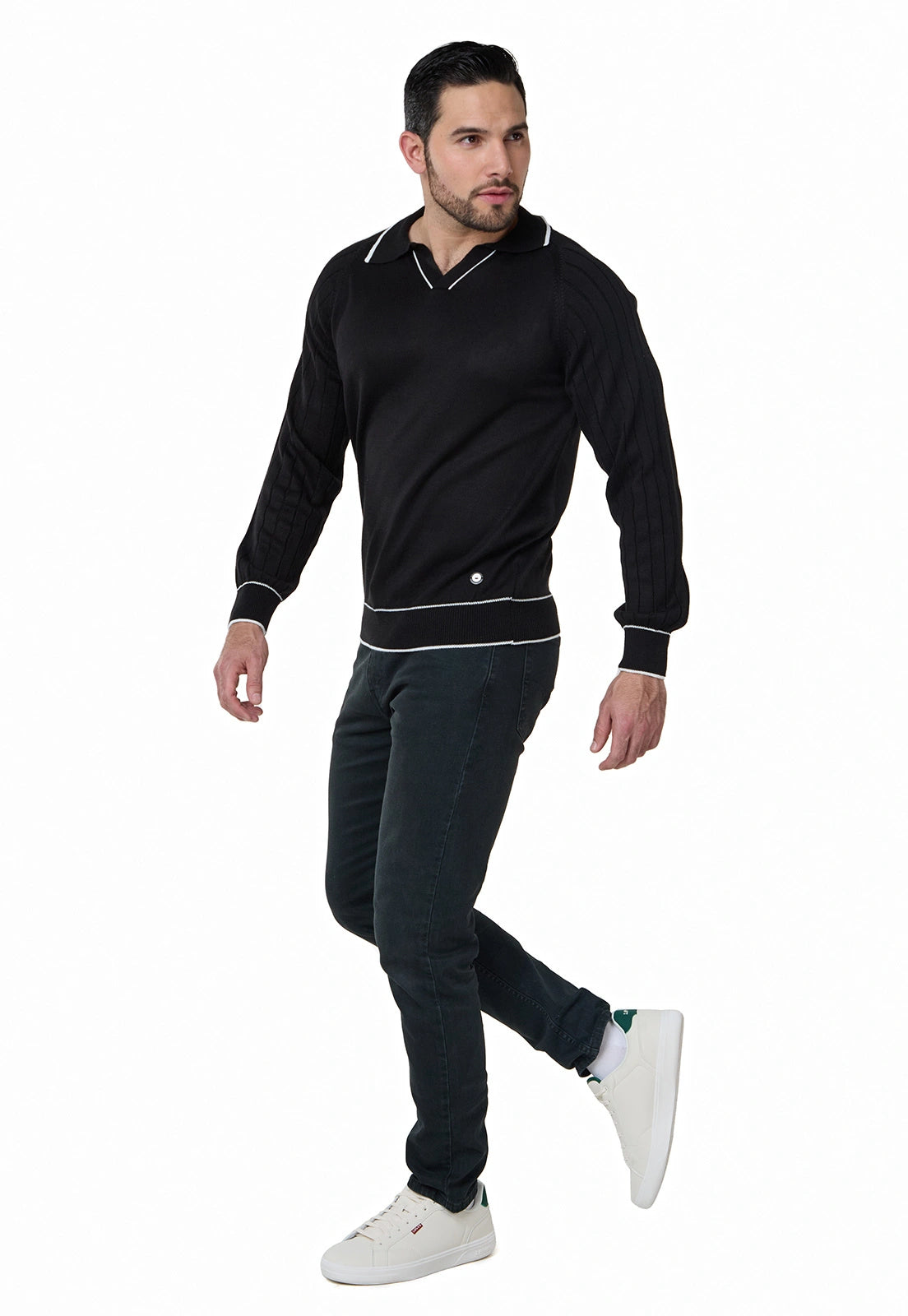 Camisa tipo polo para hombre, manga larga, estilo juvenil y clásico, color gris claro, con diseño acanalado y ribete en puños.
