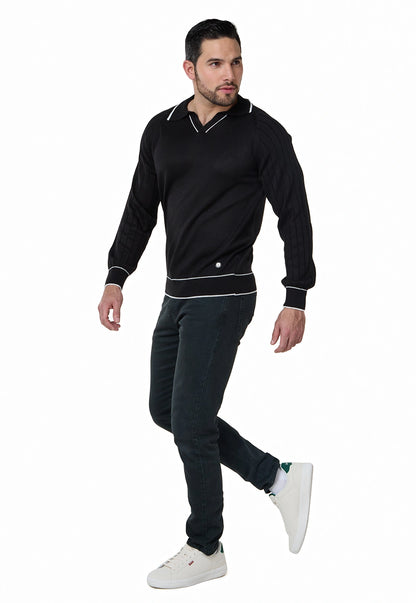 Camisa tipo polo para hombre, manga larga, estilo juvenil y clásico, color gris claro, con diseño acanalado y ribete en puños.