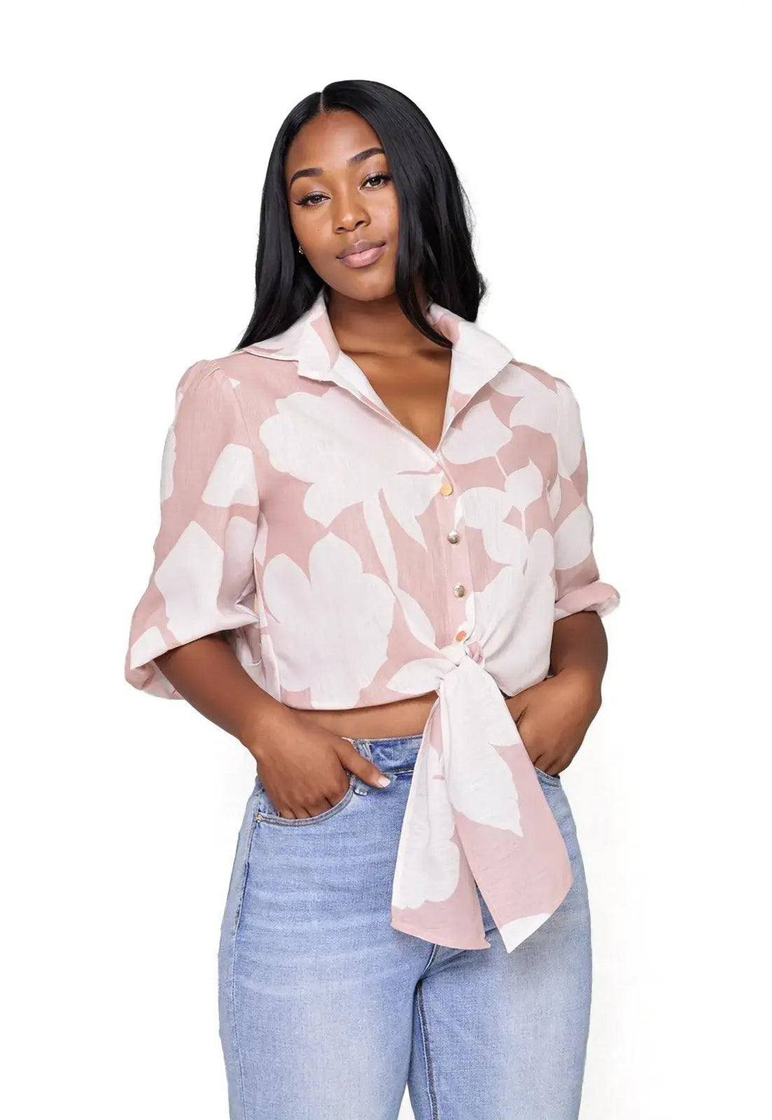 Camisa Crop Floral Manga 3/4 con botones - Giive