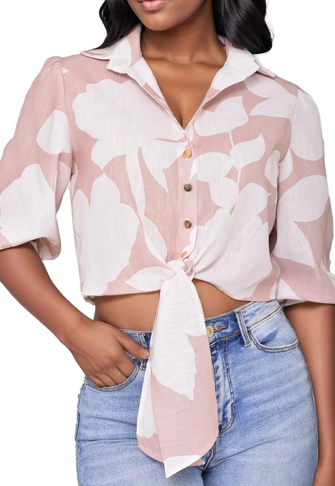Camisa Crop Floral Manga 3/4 con botones - Giive