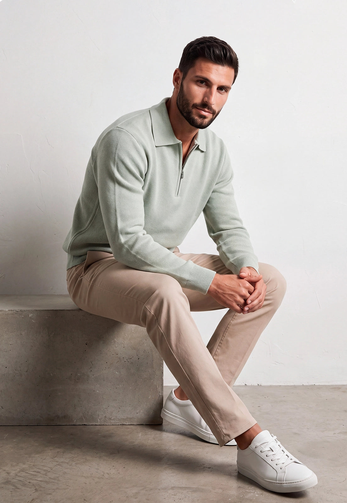 Camisero Nexo Giive verde tejido con cuello camisero, cierre frontal de cremallera y manga larga.