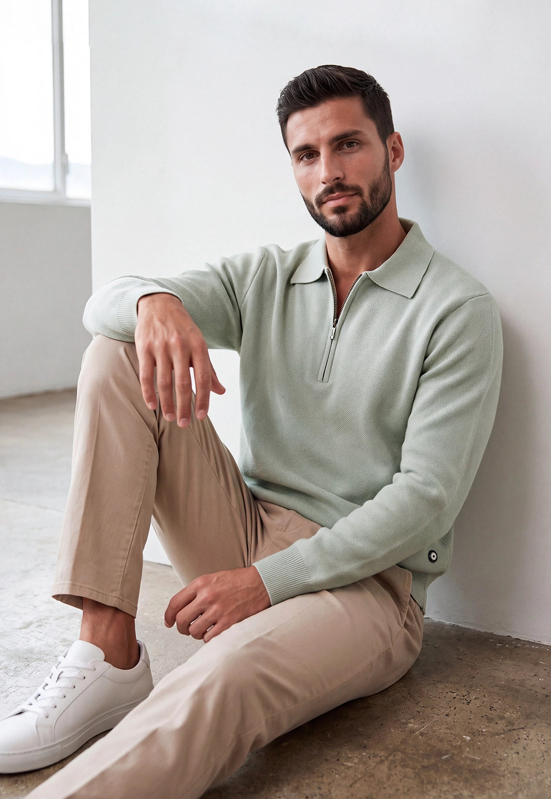 Camisero Nexo Giive verde tejido con cuello camisero, cierre frontal de cremallera y manga larga.