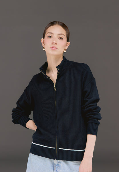 Chaqueta más pantalón, Saco tejido para mujer con cremallera, cuello alto y ribetes acanalados. 