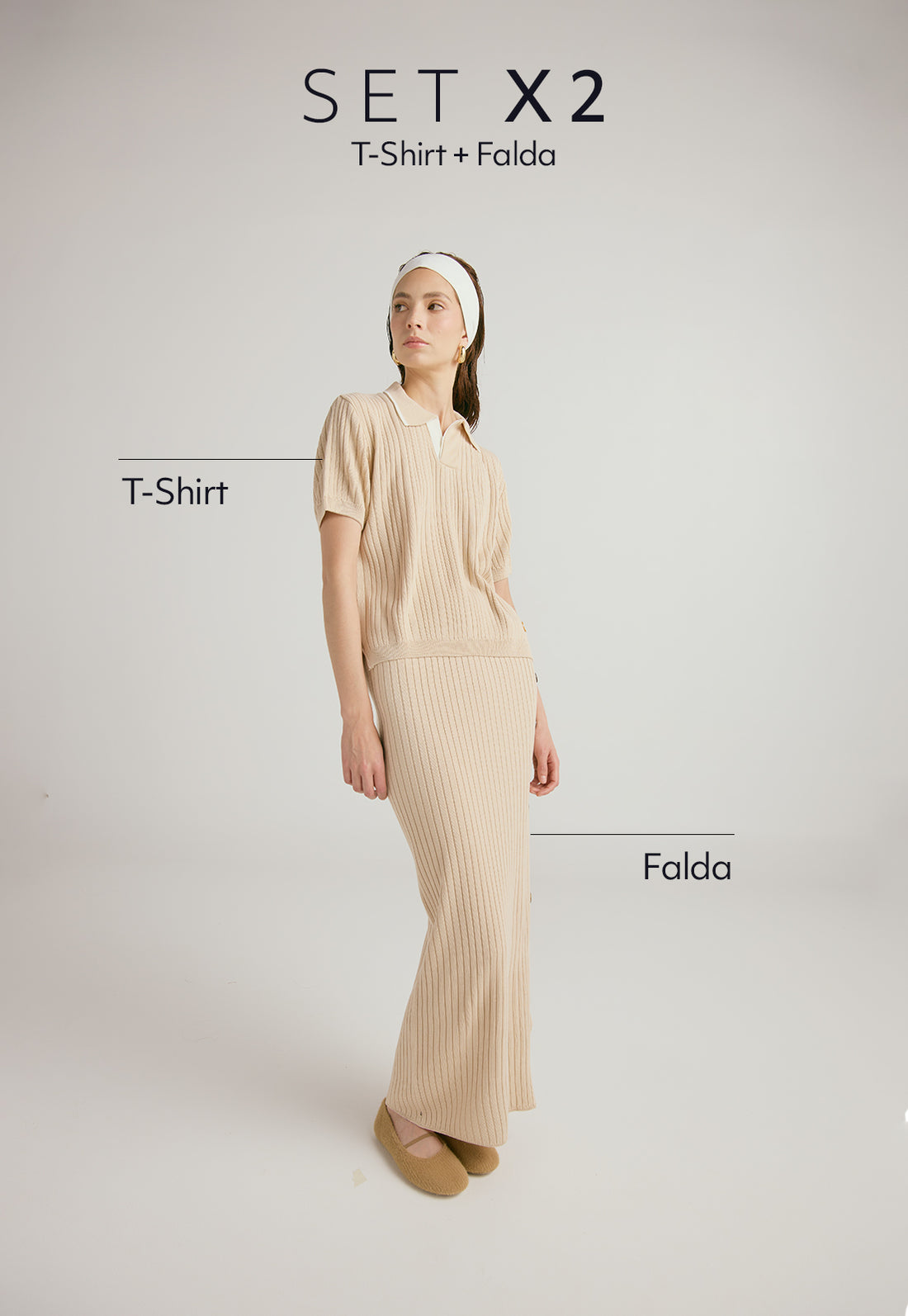 Set Shrit y Falda, Shirt Camiseta tipo polo para mujer con escote en V y diseño moderno en tejido canal desigual. Falda larga de tejido acanalado, talle alto, con botones laterales, en material de hilo para mujer.