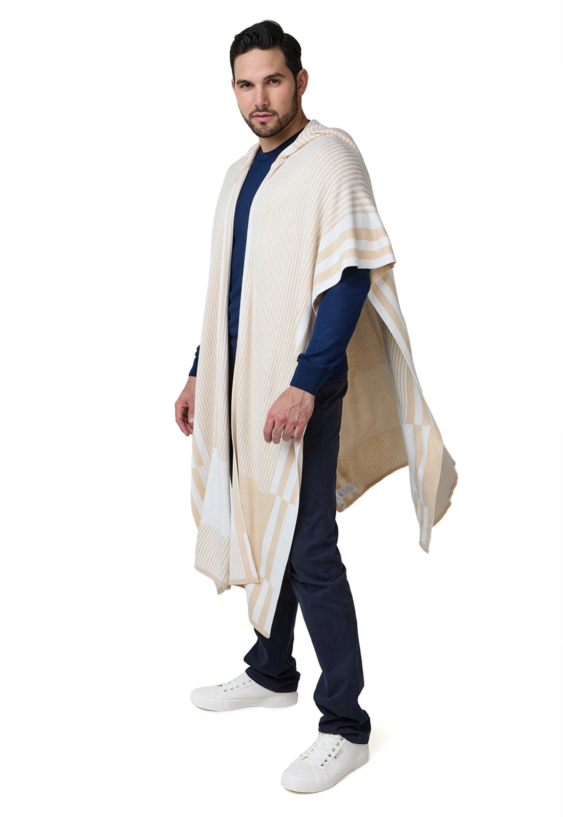 Ruana Taylor unisex en tejido jacquard con capota, diseño de líneas verticales, dos colores, estilo moderno.