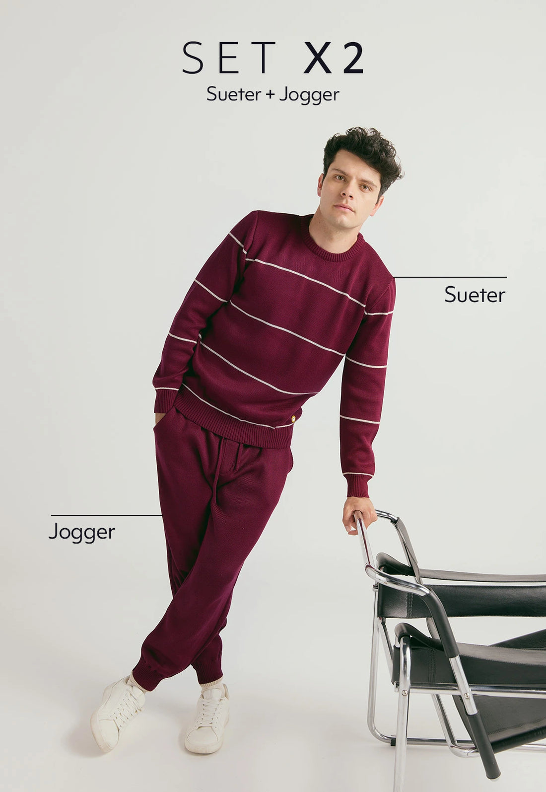 Set Andrew : Suéter y Jogger . Suéter Andrew para hombre en punto grueso acanalado con diseño de líneas horizontales delgadas, cuello redondo y ribetes en puños y bajo. y Pantalón tipo jogger para hombre, tejido en hilo, con bolsillos laterales y cintura elástica ajustable.
