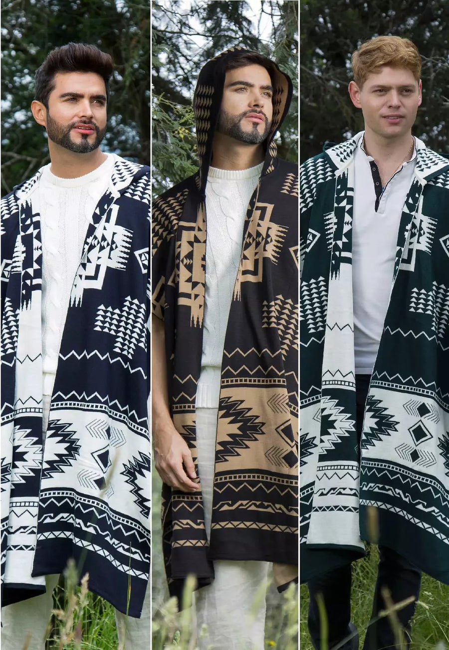 Ruana Artesanal Capota Pirámides Doble Faz para Hombre – Giive