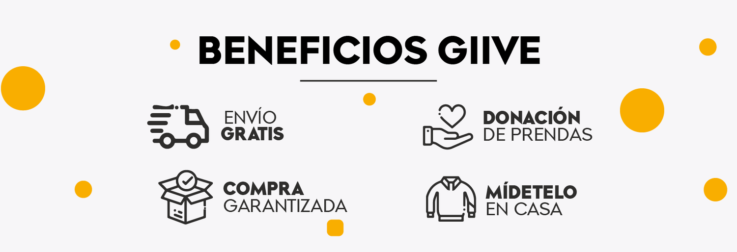beneficios de comprar en Giive, envíos gratuitos, donacion de prendas, compra garantizada y el servicio de midetelo en casa.